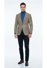 Resim Plus Scorpion Ekoseli Slim Fit Erkek Blazer Ceket Şık Modern Tasarım, Tek Düğmeli Camel 
