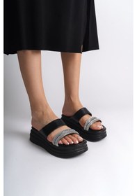 Resim Sarah Düz Topuklu Taşlı Şeritli Kalın Ve Ortopedik Taban Kadın Terlik Cst - Siyah Siyah 