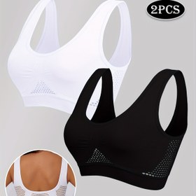 Resim 2 Adet Kadın Yüksek Destekli Spor Sütyen, Nefes Alabilir File Kesik Tasarım, Rahat Koşu & Yoga Atlet Stili, Dikişsiz Ped Olmayan Destek, Naylon/Elastan Karışımı 