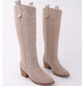 Resim Muggo Texas Sivri Burun Nakışlı Kalın Topuklu Kadın Kovboy Western Çizme Bej Süet 