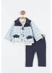 Resim Sevimli Ayı Desenli Düğmeli Pamuklu Zıbın Uzun Kol Erkek Bebek 3'lü Takım Alt Üst Erkek Bebek Takım Lacivert 