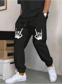 Resim Halloween Skeleton Hand Print Drawstring Waist Eşofman Altı Siyah 