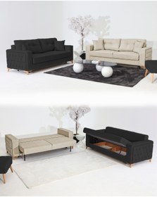 Resim Velura Home & Living Nola Koltuk Takımı 3+3 & Bazalı Yataklı Koltuk & Kanepe - Keten 