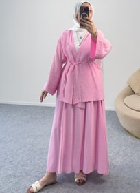 Resim Kuşaklı Taş Detaylı Kimono Bluz ve Uzun Etekli İkili Takım 8866 - Pembe - Pembe / S-M 