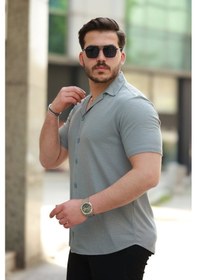 Resim Erkek Apaç Yaka Örme Kumaş Kısa Kollu Gömlek Füme 