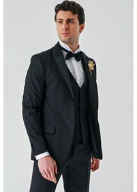 Resim İmza Siyah Çıkarılabilir Şal Yaka Yelekli Likralı 6 Drop Slim Fit Smokin Damatlık 1001240203-Siyah 
