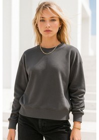 Resim Kadın Füme Pamuklu İnterlock Oversize Sweatshirt Füme 