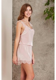 Resim Pierre Cardin Dantelli Kadife Tulum Sabahlık Takım 4800 Pudra 001 