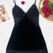 Resim Y1106 Sonbahar/Kış Siyah Kontrast Dantel Detaylı, Çıkarılabilir Dolgulu Sütyenli Kadın Gecelik 