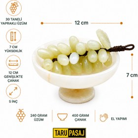 Resim Feng Shui Bereket Üzümü ve Van Taşı Ayaklı Çanak Seti | 30 Taneli Doğal Taş Üzüm Salkımı Dekor - 5 İnç El Yapımı Çanak - kahve 