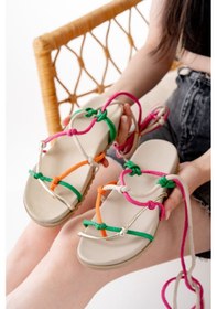 Resim 1001-1001 Multi Bilekten Bağcıklı Kadın Sandalet Bej 