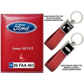 Resim Plakanıza Özel Ford Logolu Kırmızı Ruhsat Kabı Ve Anahtarlık 