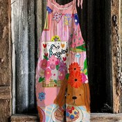Resim Kadınlar için Vintage Esintili Karikatür Köpek Jumpsuit, Ayarlanabilir Askılar, Kurdele Detayı ve Çiçek Baskısı - Bahar/Yaz/Sonbahar için Rahat Kolsuz Romper, Bayanlar Jumpsuit 