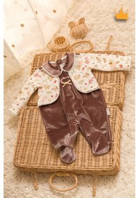 Resim Babyhola Kadife Patikli Kız Bebek Tulum 0-12 Ay Retro Ceketli Görünümlü Hediyelik Nostaljik Bayramlık 13433 Kahverengi 
