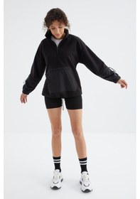 Resim Tommy Life Siyah Etek Ucu Büzgülü Yarım Fermuarlı Oversize Kadın Polar Sweatshirt - 97238 Siyah 