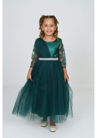Resim Asortix Kız Çocuk Güpür Desenli Uzun Abiye Elbise Gelinlik Zümrüt Yeşili 