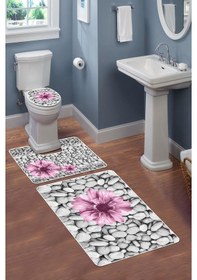 Resim Modern Desenli Dijital Baskı 3 Lü Banyo Paspas Takımı Yıkanabilir Kaymaz Tabanlı Klozet Takımı Klz0060 Renkli 