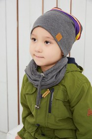 Resim Babygiz Gri Üzerine Renkli Şeritli Çocuk Bebek Bere Boyunluk Set Yumuşak Çift Katlı %100 Doğal Pamuklu Penye 