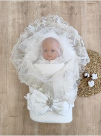 Resim Tomuycuk Triko Örgü Bebek Kundağı Unisex Bebek Dış Kundak Battaniyesi Hastane Çıkışı Kundak Battaniye 