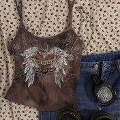 Resim Y2K Retro Kahverengi Yırtık Kanatlı Gül Desenli Crop Top - %100 Polyester Omuz Açık Yazlık Tişört, Rastgele Baskılı Kadınlar için Makinede Yıkanabilir Günlük Sokak Giyim 