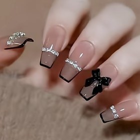 Resim Rhinestone süslemeli 24 uzun Fransız tarzı sahte tırnak seti, siyah basınçlı tırnak Glitter zinciri ve yeniden kullanılabilir siyah kelebek tırnak parçaları 