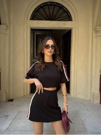 Resim Genel Markalar Osy Modal Yumuşak Dokulu Kumaş Parçalı Bisiklet Yaka T-shirt Mini Şortlu Etek İkili Takım - Siyah 