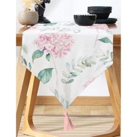 Resim Beyaz Zeminli Yeşil Yapraklı Ortanca Çiçek Dijital Baskılı Özel Tasarım Püsküllü Şönil Üçgen Runner 