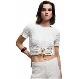 Resim Koton Bürümcük Kumaş Kısa Kollu Bisiklet Yaka Aksesuarlı Crop Tişört Ekru 5sak50463ek Ekru 