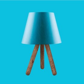 Resim Üç Ayaklı Ahşap Abajur Mavi Kumaş Başlık Yatak Odası Çocuk Odası Masa Lambası Mavi 