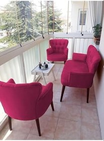 Resim Çay Seti Koltuk Takımı - Düz Renk - Ahşap Ayak - Babyface Kumaş - Fuşya 