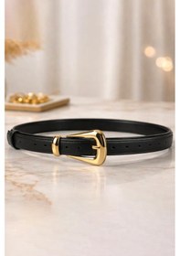 Resim Williampolo Full Grain Deri Gold Toka Siyah Kadın Kemer Siyah 
