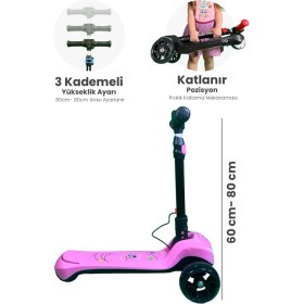 Resim LED Işıklı Hoparlörlü 3 Tekerlekli Yükseklik Ayarlı Elektrikli Scooter - 60W 