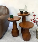 Resim Wooden 3’lü Set Mantar Yan Sehpa Ahşap Modern Ceviz Renk Fiskos/çiçeklik 