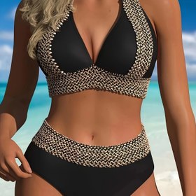 Resim Kadınlar için Büyük Beden Seksi Halter Boyun Bikini, Altın Zincir Detayları ile - Siyah ve Beyaz, Plaj ve Havuz için Esnek Polyester Mayo, Plaj Mayo|Zincir Detaylı Bikini|Esnek Kumaş 