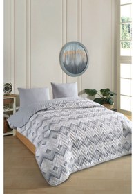 Resim Tek Kişilik Desenli Kapitone Çift Taraflı Renkli Pike Yatak Örtüsü Takımı 160x230 Cm Çarşafsız Gri 