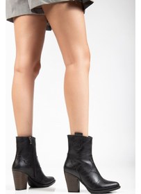 Resim 117 Siyah Kovboy Dikiş Detaylı Fermuarlı Yüksek Topuklu Günlük Kadın Bot Acı Kahverengi 