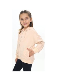 Resim Toontoy Kız Çocuk Kapüşonlu Fermuarlı Cepli Düşük Omuz Örme Hırka - 2 İplik Bej 