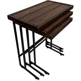 Resim Doğal Ahşap Tekerlekli Metal Ayaklı Zigon Sehpa Takımı Demonte Rustik Modern Tasarım Ceviz 