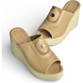 Resim Fox Shoes Y555250703 Bej Hakiki Deri Dolgu Topuklu Kadın Terlik Bej 
