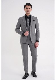 Resim Efor Slim Fit Çift Yırtmaç Ekoseli Esnek Yünlü Yelekli Klasik Füme Takım Elbise Tk 934 Füme 