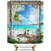 Resim 3D Sunny Beach Baskılı Duş Perdesi Set Deniz Manzarası Banyo Ekranı Su Geçirmez Banyo Perdeleri Kaymaz Banyo Mat Kaidal Halı (120 * 180 Cm) (Yurt Dışından) 