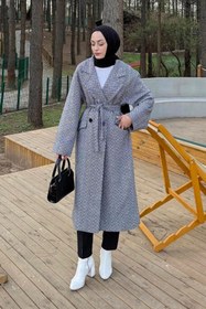 Resim lamelif Balıksırtı Desen Bağlama Detaylı Kaban Gri 