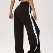 Resim Yüksek Bel Düğmeli Yan Şeritli Eşofman Pantolonu, Polyester Spandex Karışımı, Spor Stili, Yüksek Esneklikli Örme Kumaş, Düz Renk, Bol Kesim, Uzun Boy Yoga Pantolonu Fitness Koşusu için - Tüm Mevsimlerde Uygun 