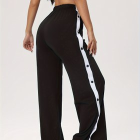 Resim Yüksek Bel Düğmeli Yan Şeritli Eşofman Pantolonu, Polyester Spandex Karışımı, Spor Stili, Yüksek Esneklikli Örme Kumaş, Düz Renk, Bol Kesim, Uzun Boy Yoga Pantolonu Fitness Koşusu için - Tüm Mevsimlerde Uygun 