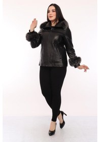 Resim Hakiki Kuzu Derisi Fermuarlı Kol Omuz Kürklü Kadın Ceket Siyah Siyah 