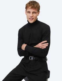 Resim Siyah Tam Balıkçı Yaka Jakarlı Yün Karışımlı Triko Kazak Siyah 