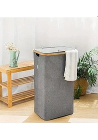 Resim 70 Lt Katlanır Kumaş Bambu Çamaşır Sepeti İçi Fileli Kirli Çamaşır Sepeti Gri 