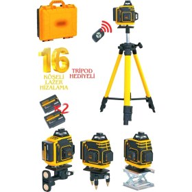 Resim 16 Köşe Tripod Hediyeli Uzaktan Kumandalı 360 Derece Çizgi Hizalama Lazer Makinesi Seviye Cihazı 