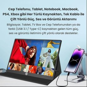 Resim Npm6 15.6" IPS Fhd 5ms 60Hz Type-C Telefon ve Oyun Konsolu Uyumlu Metal Kasa Taşınabilir Monitör 