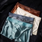 Resim 4 Adet Erkek Buz İpeği Fiber Boxer Külot - Ultra Hafif, Nefes Alabilir & Serinletici Orta Esneklikte Düz Renk İç Çamaşırı Şortları, 4 Renk (Lacivert/Bej/Gri/Mavi) Günlük Kullanım için Rahat İç Giyim, Şık Tasarım, Pürüzsüz Dokulu Kumaş 